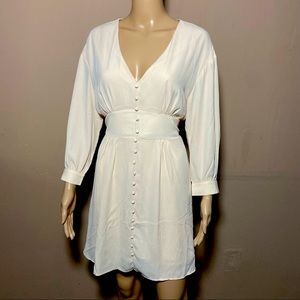 V-Neck Puff Long Sleeve Midi Beige Dress